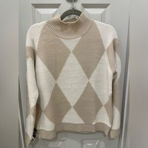 SHEIN Beige and White Argyle Turtleneck Sweater